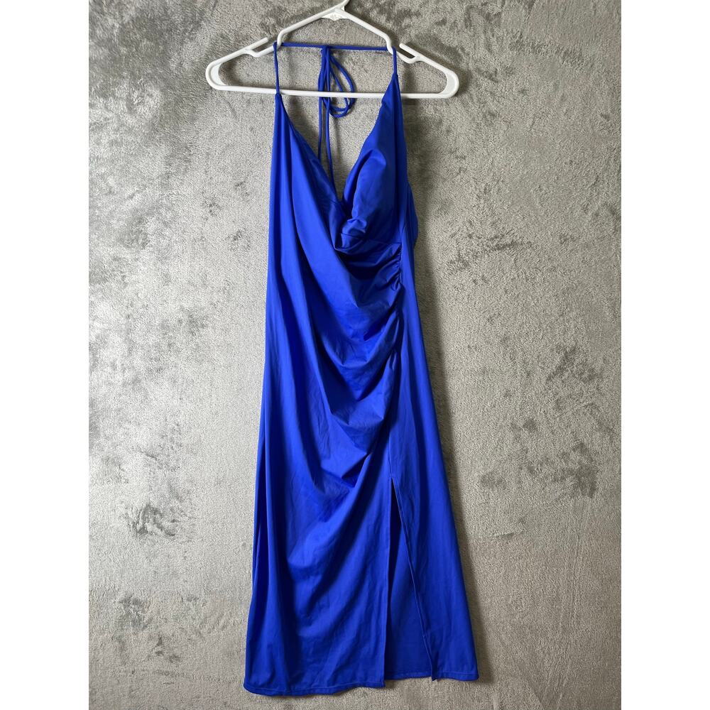 Halara SoftlyZero Airy Ruched Bodycon Midi Dress Aster Blue‎ Cool Touch Slit New
